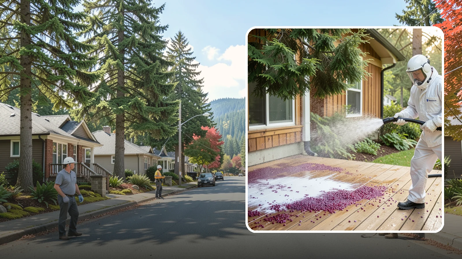 Berry Stain Removal in Hunts Point, King County, WA - Removal of purple and red berry stains that birds and overhanging shrubs drop onto decks, patios, and walkways.