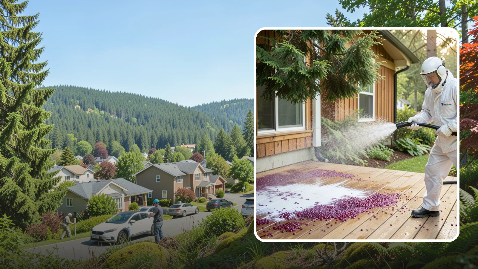 Berry Stain Removal in Index, Snohomish County, WA - Removal of purple and red berry stains that birds and overhanging shrubs drop onto decks, patios, and walkways.