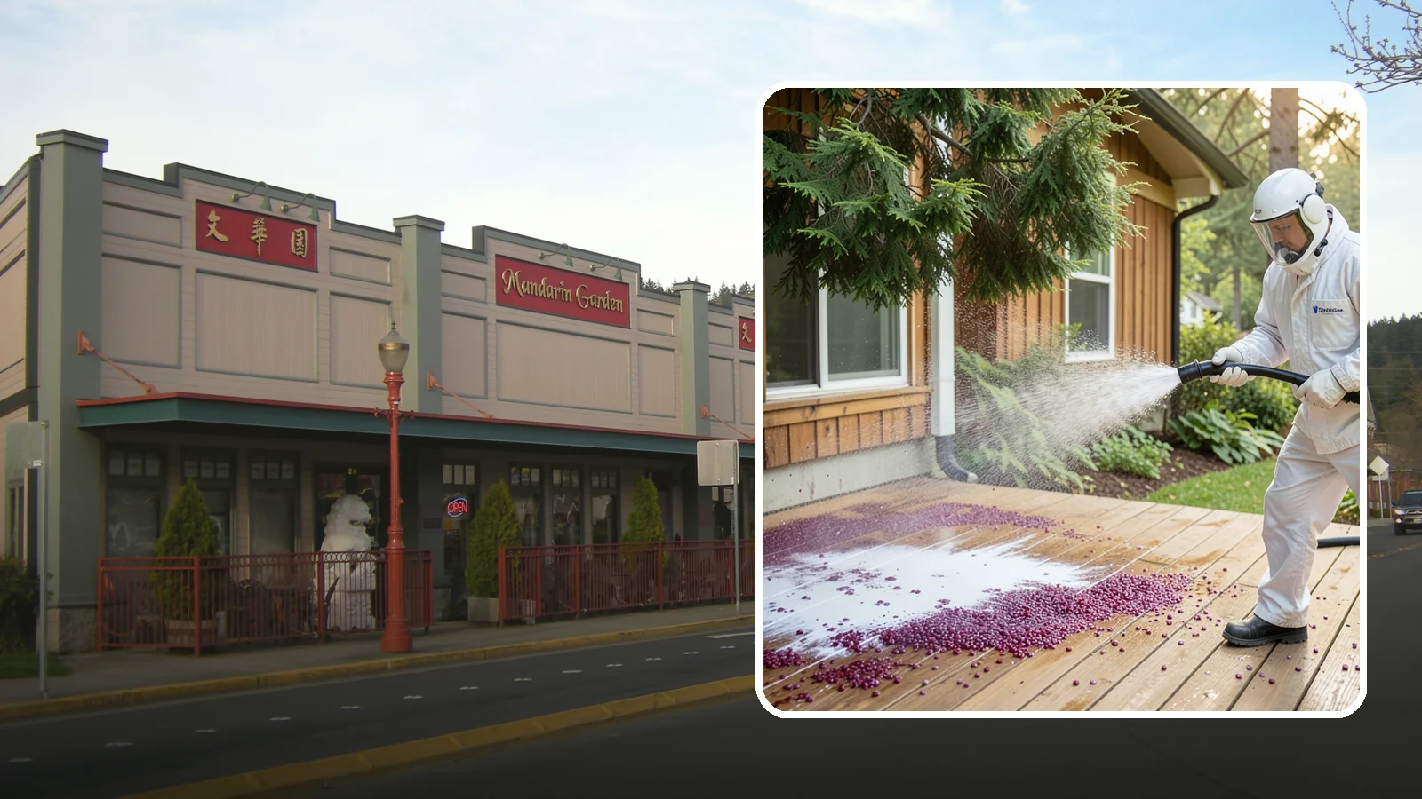 Berry Stain Removal in Issaquah, King County, WA - Removal of purple and red berry stains that birds and overhanging shrubs drop onto decks, patios, and walkways.