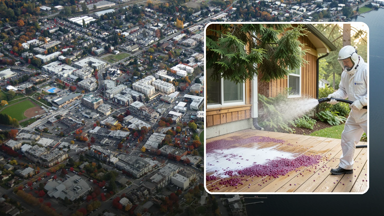 Berry Stain Removal in Kirkland, King County, WA - Removal of purple and red berry stains that birds and overhanging shrubs drop onto decks, patios, and walkways.