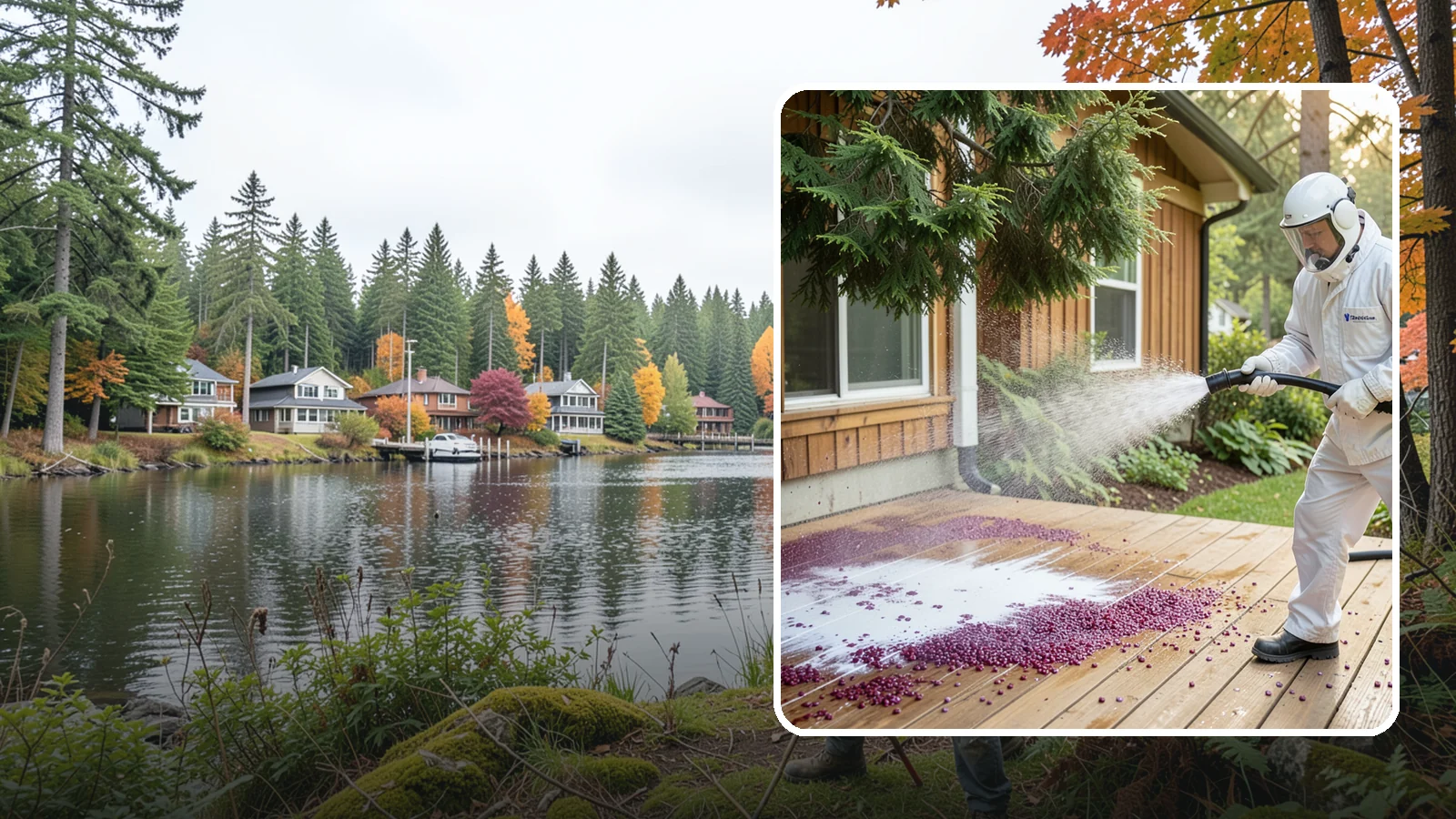 Berry Stain Removal in La Conner, Skagit County, WA - Removal of purple and red berry stains that birds and overhanging shrubs drop onto decks, patios, and walkways.