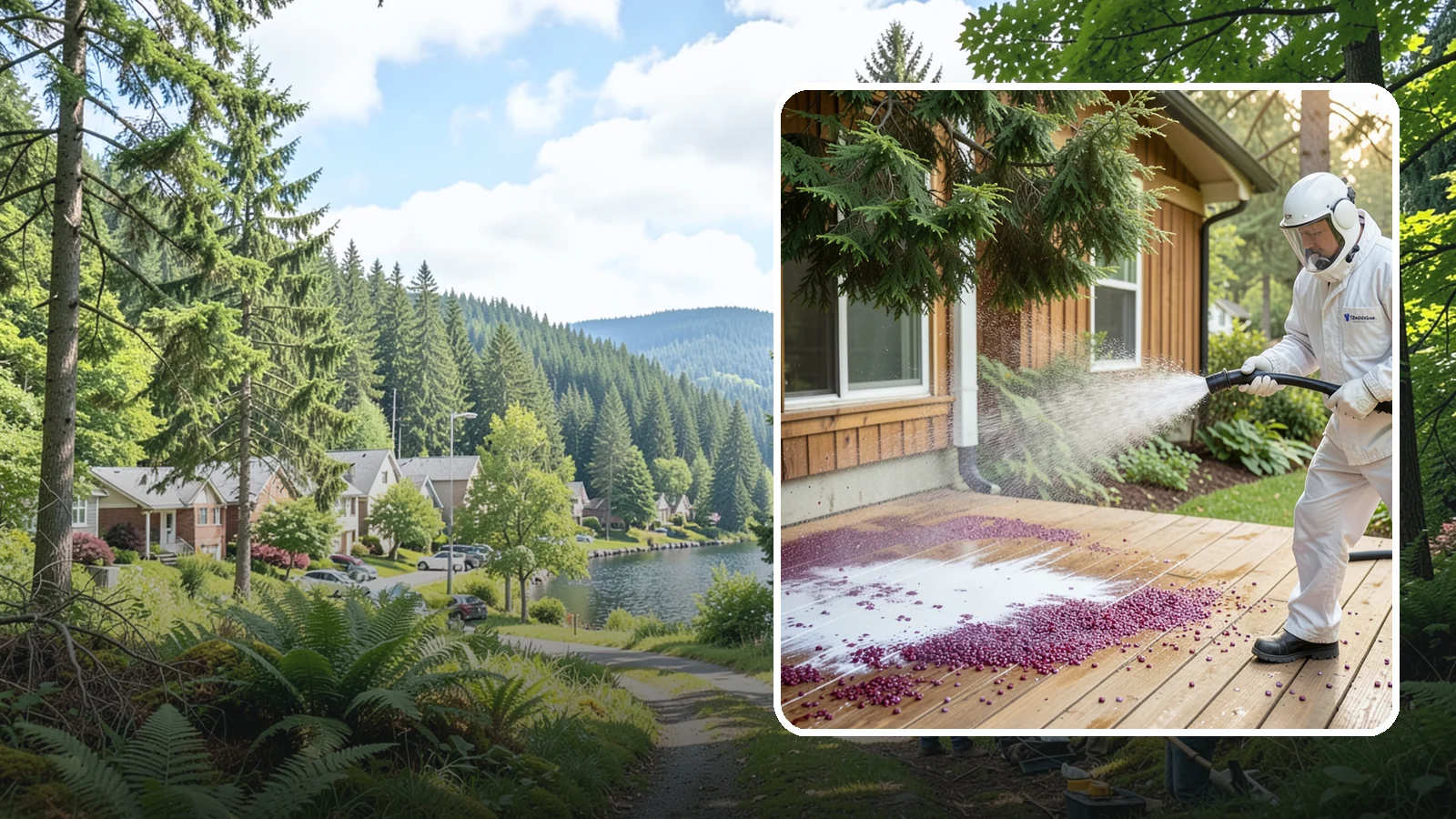 Berry Stain Removal in Lake Forest Park, King County, WA - Removal of purple and red berry stains that birds and overhanging shrubs drop onto decks, patios, and walkways.