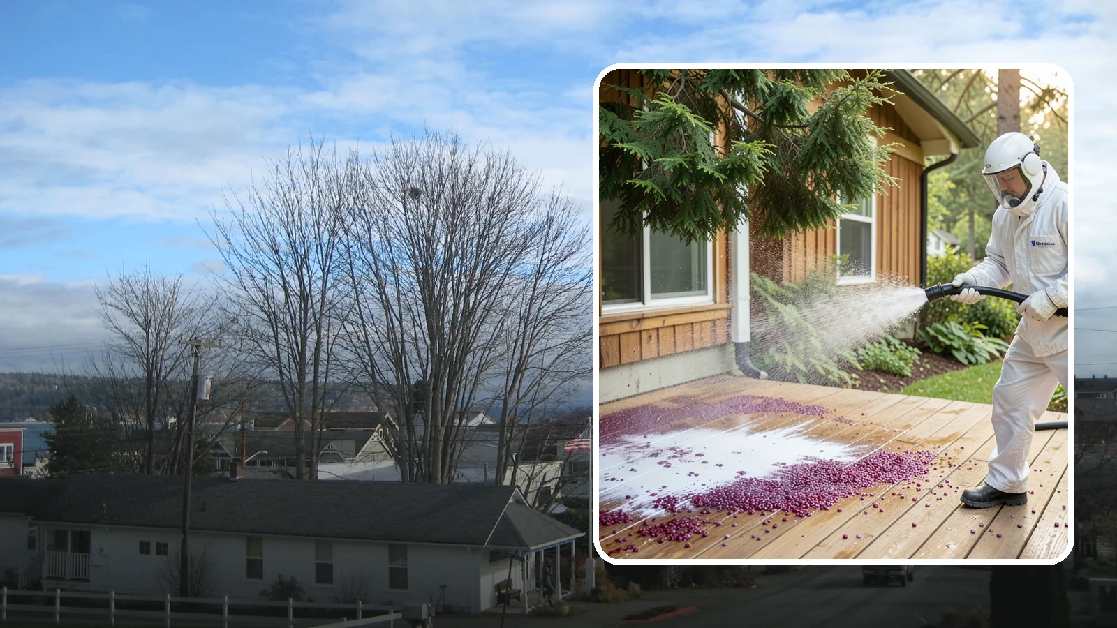 Berry Stain Removal in Langley, Island County, WA - Removal of purple and red berry stains that birds and overhanging shrubs drop onto decks, patios, and walkways.
