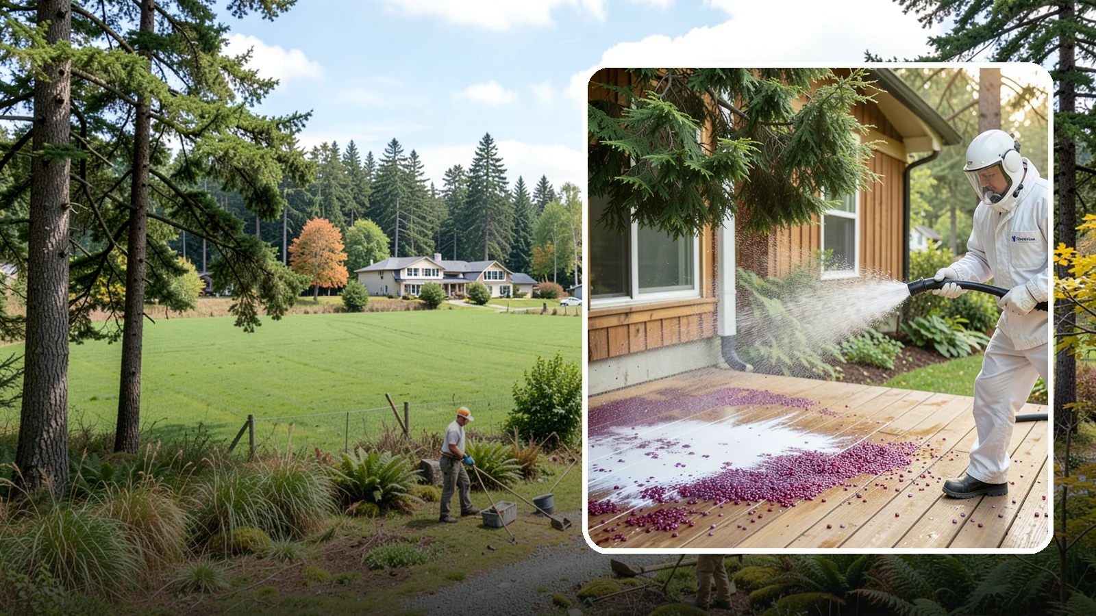 Berry Stain Removal in Lyman, Skagit County, WA - Removal of purple and red berry stains that birds and overhanging shrubs drop onto decks, patios, and walkways.