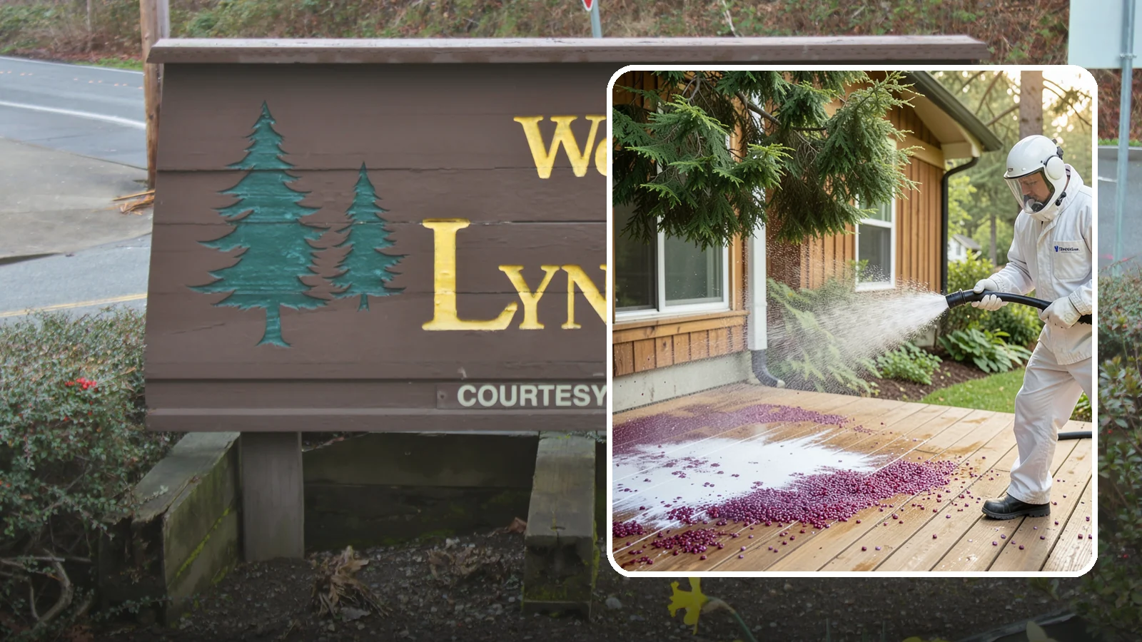 Berry Stain Removal in Lynnwood, Snohomish County, WA - Removal of purple and red berry stains that birds and overhanging shrubs drop onto decks, patios, and walkways.