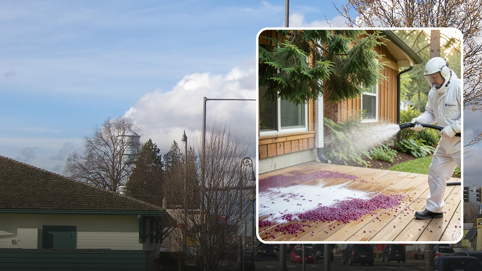 Berry Stain Removal in Marysville, Snohomish County, WA - Removal of purple and red berry stains that birds and overhanging shrubs drop onto decks, patios, and walkways.