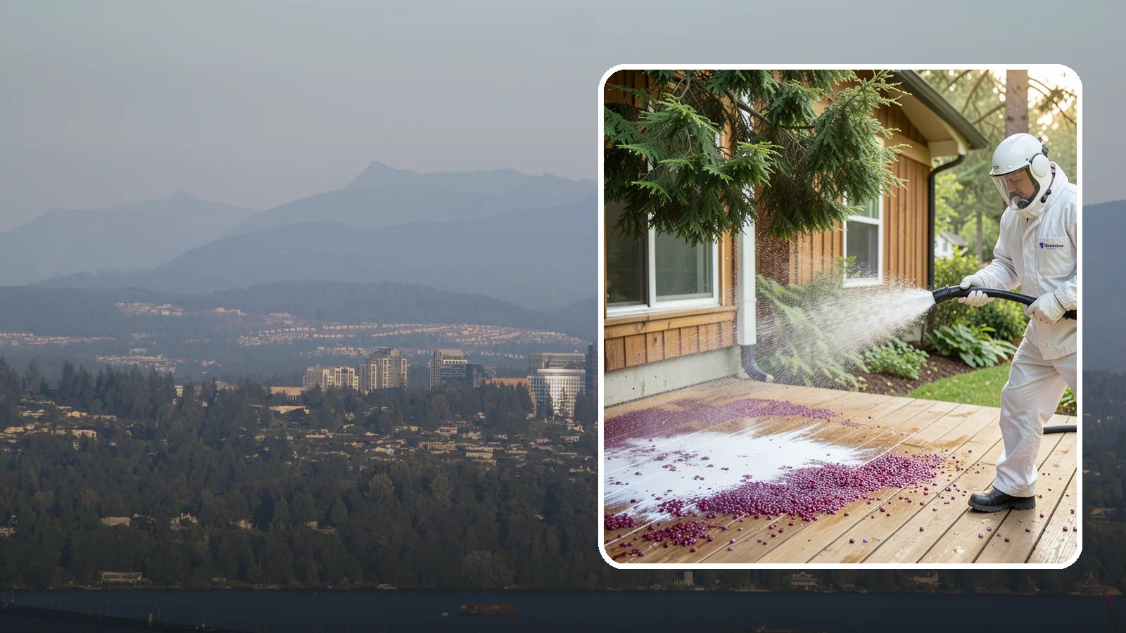 Berry Stain Removal in Medina, King County, WA - Removal of purple and red berry stains that birds and overhanging shrubs drop onto decks, patios, and walkways.