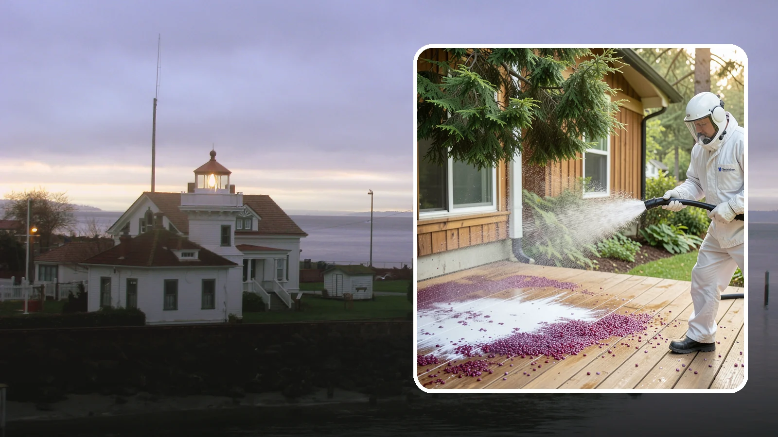 Berry Stain Removal in Mukilteo, Snohomish County, WA - Removal of purple and red berry stains that birds and overhanging shrubs drop onto decks, patios, and walkways.