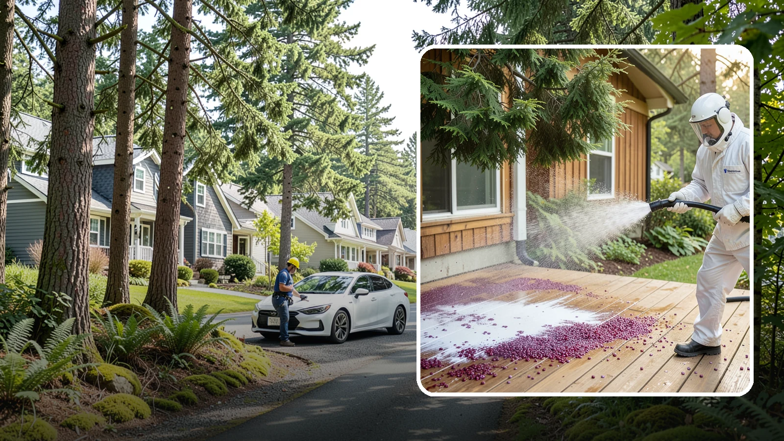 Berry Stain Removal in Normandy Park, King County, WA - Removal of purple and red berry stains that birds and overhanging shrubs drop onto decks, patios, and walkways.