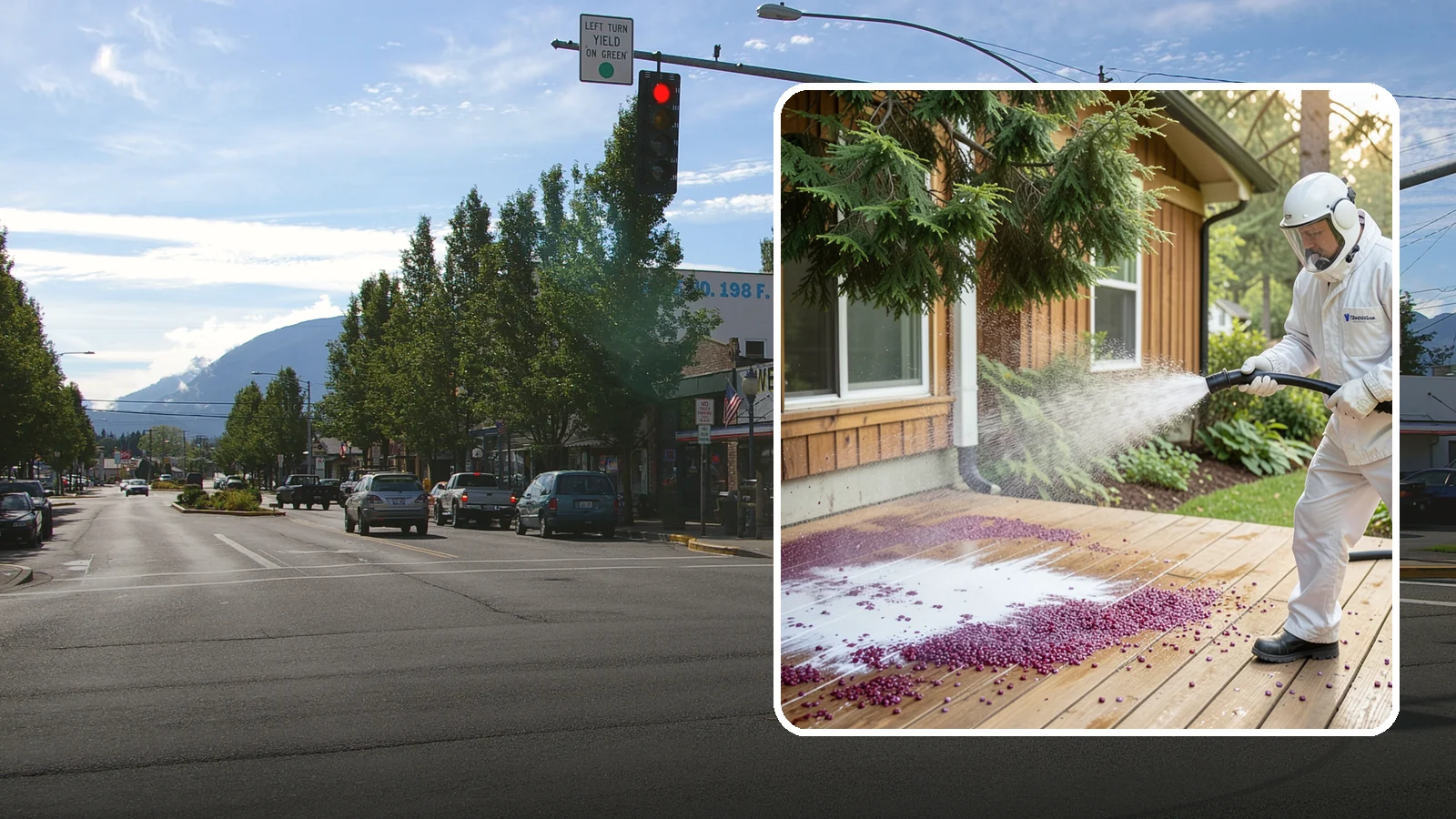 Berry Stain Removal in North Bend, King County, WA - Removal of purple and red berry stains that birds and overhanging shrubs drop onto decks, patios, and walkways.