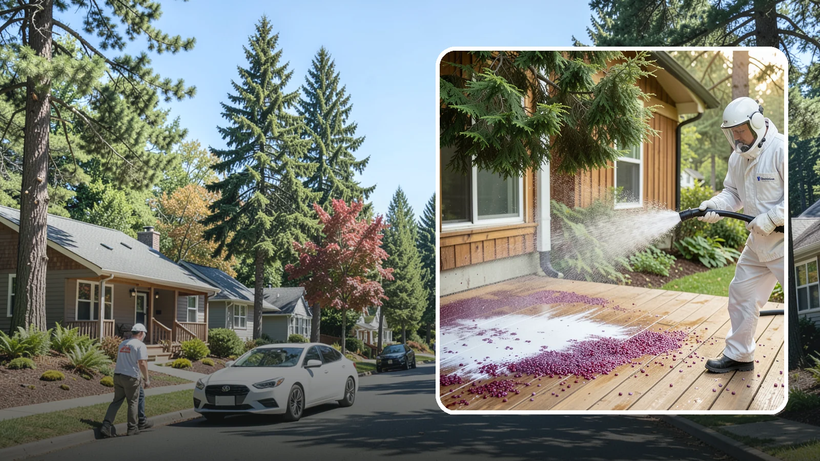 Berry Stain Removal in Orting, Pierce County, WA - Removal of purple and red berry stains that birds and overhanging shrubs drop onto decks, patios, and walkways.