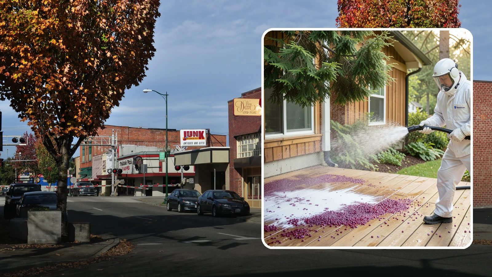 Berry Stain Removal in Puyallup, Pierce County, WA - Removal of purple and red berry stains that birds and overhanging shrubs drop onto decks, patios, and walkways.