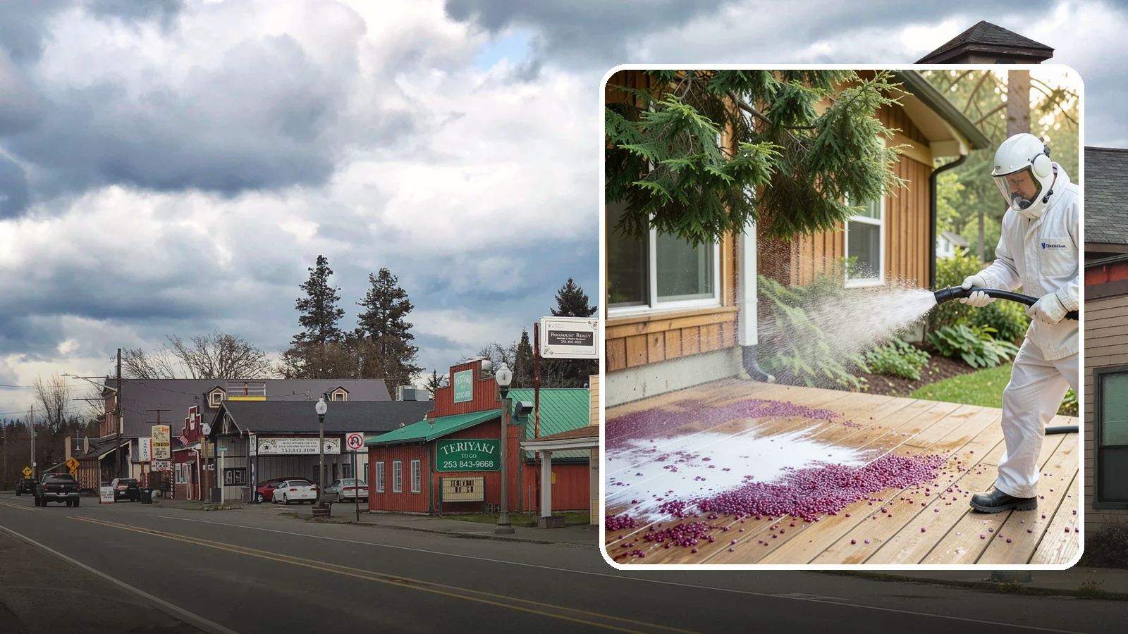 Berry Stain Removal in Roy, Pierce County, WA - Removal of purple and red berry stains that birds and overhanging shrubs drop onto decks, patios, and walkways.