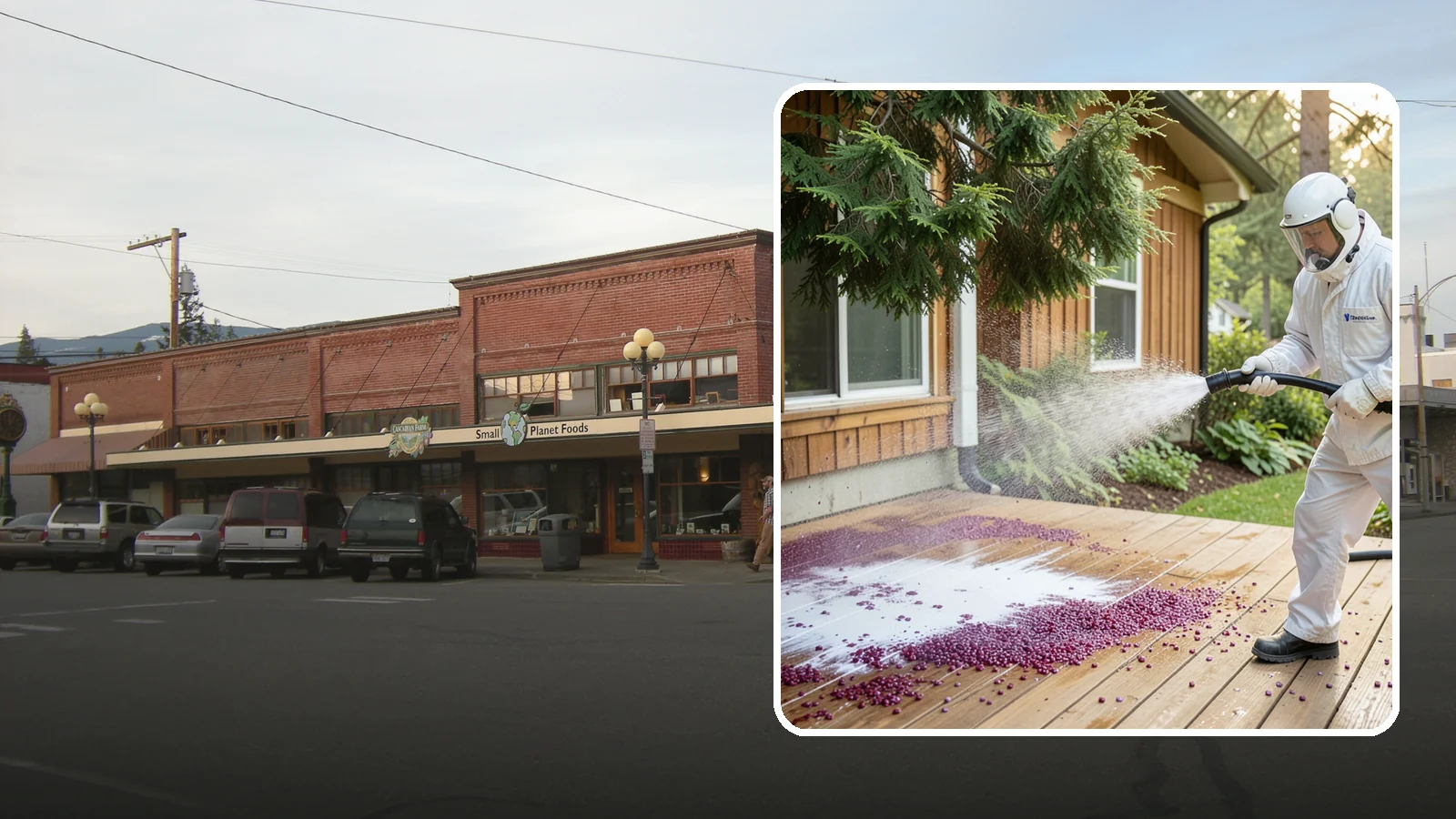 Berry Stain Removal in Sedro-Woolley, Skagit County, WA - Removal of purple and red berry stains that birds and overhanging shrubs drop onto decks, patios, and walkways.