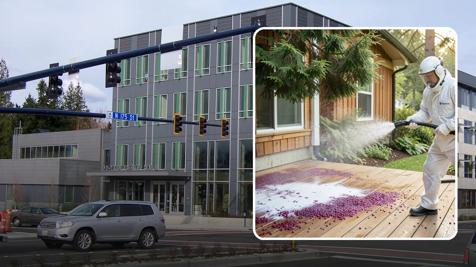 Berry Stain Removal in Shoreline, King County, WA - Removal of purple and red berry stains that birds and overhanging shrubs drop onto decks, patios, and walkways.