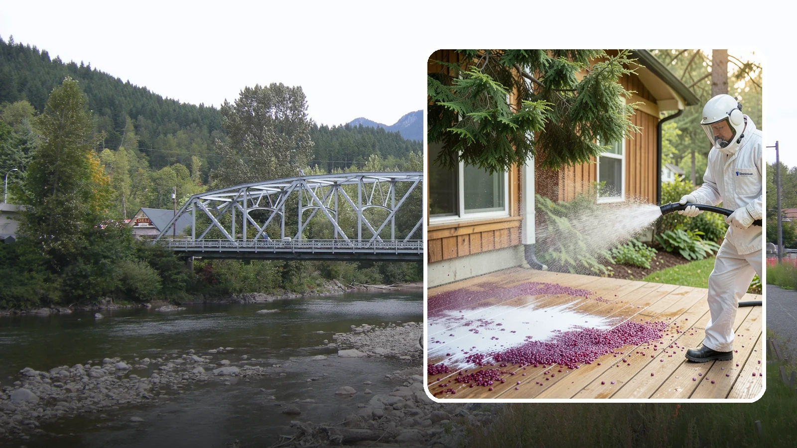 Berry Stain Removal in Skykomish, King County, WA - Removal of purple and red berry stains that birds and overhanging shrubs drop onto decks, patios, and walkways.