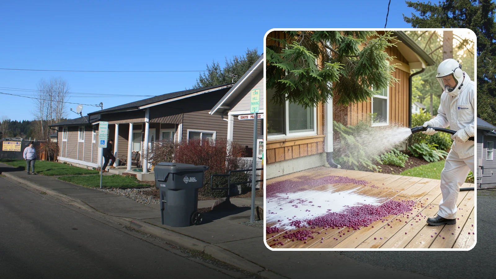 Berry Stain Removal in South Prairie, Pierce County, WA - Removal of purple and red berry stains that birds and overhanging shrubs drop onto decks, patios, and walkways.