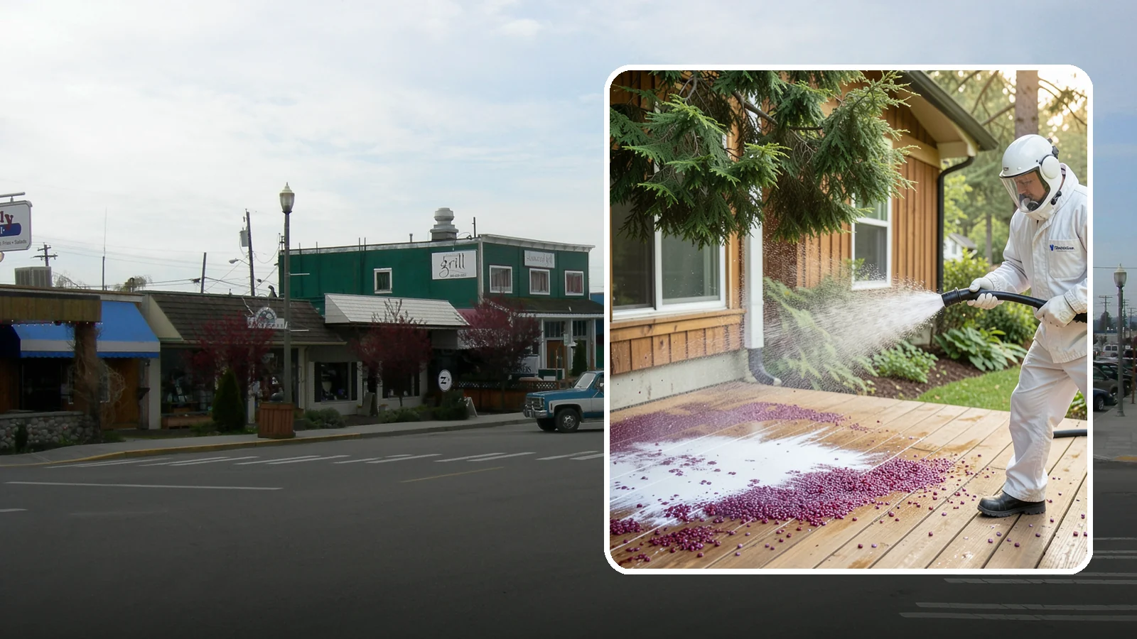 Berry Stain Removal in Stanwood, Snohomish County, WA - Removal of purple and red berry stains that birds and overhanging shrubs drop onto decks, patios, and walkways.