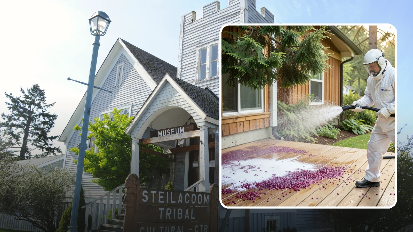 Berry Stain Removal in Steilacoom, Pierce County, WA - Removal of purple and red berry stains that birds and overhanging shrubs drop onto decks, patios, and walkways.