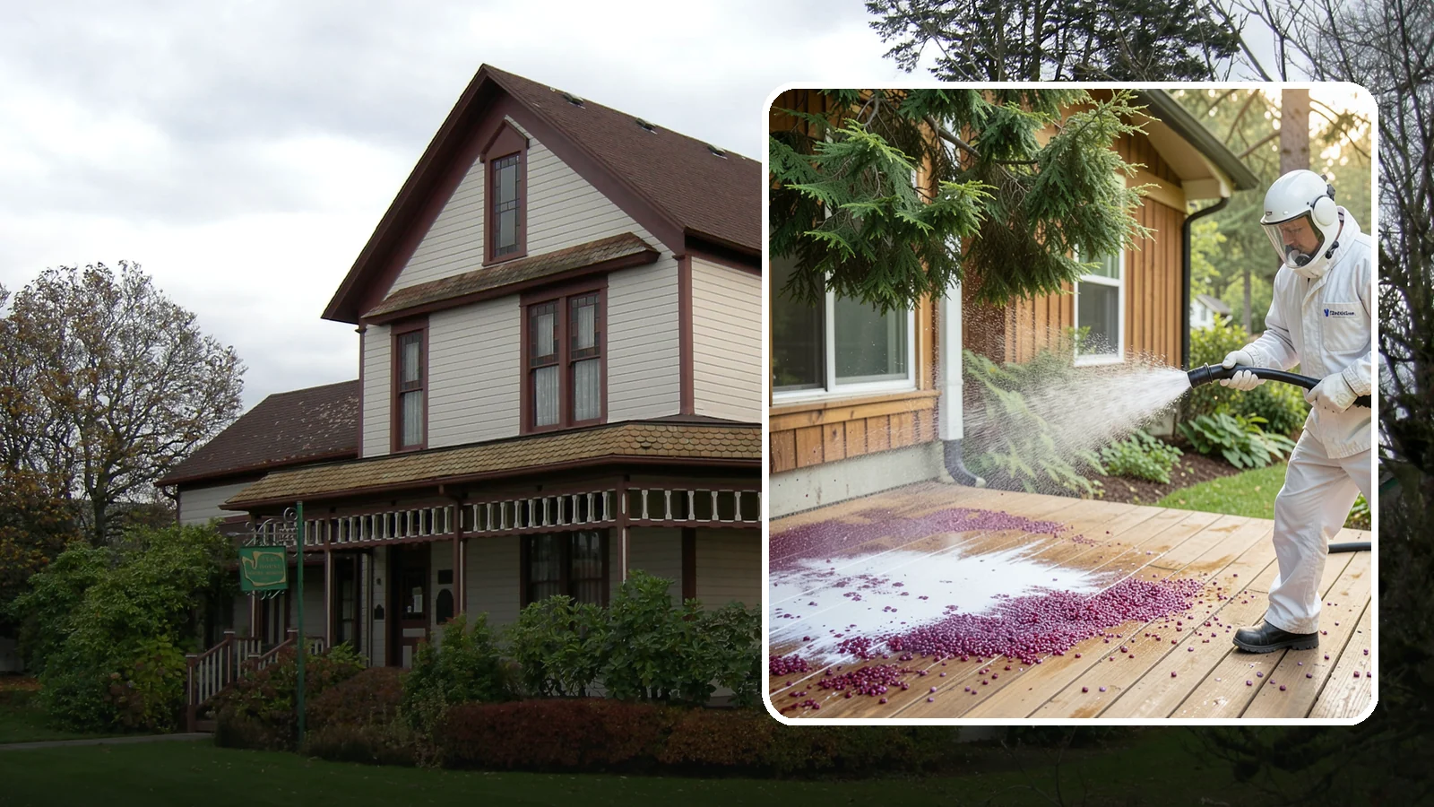 Berry Stain Removal in Sumner, Pierce County, WA - Removal of purple and red berry stains that birds and overhanging shrubs drop onto decks, patios, and walkways.