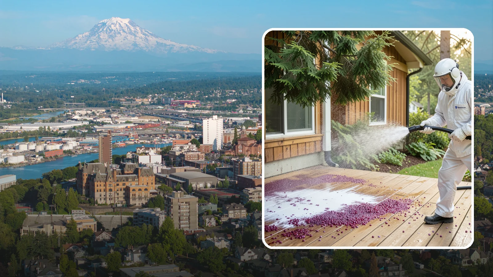 Berry Stain Removal in Tacoma, Pierce County, WA - Removal of purple and red berry stains that birds and overhanging shrubs drop onto decks, patios, and walkways.