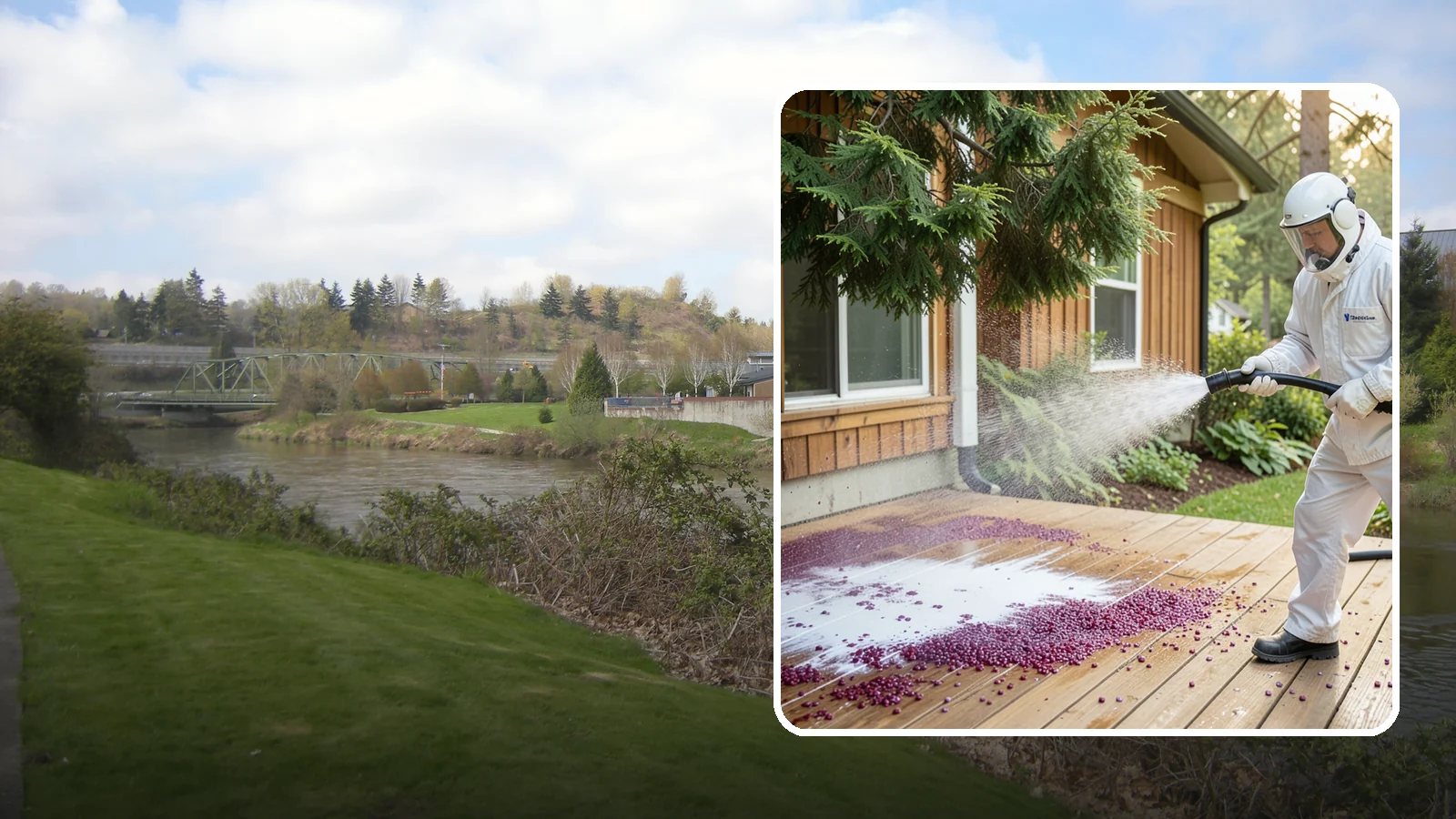 Berry Stain Removal in Tukwila, King County, WA - Removal of purple and red berry stains that birds and overhanging shrubs drop onto decks, patios, and walkways.
