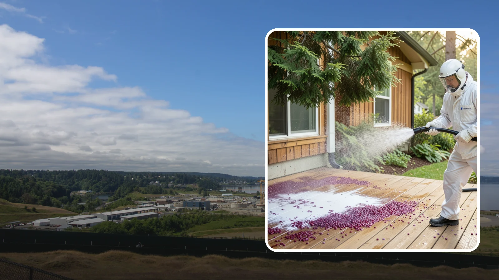 Berry Stain Removal in University Place, Pierce County, WA - Removal of purple and red berry stains that birds and overhanging shrubs drop onto decks, patios, and walkways.