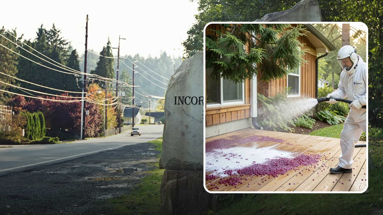 Berry Stain Removal in Wilkeson, Pierce County, WA - Removal of purple and red berry stains that birds and overhanging shrubs drop onto decks, patios, and walkways.
