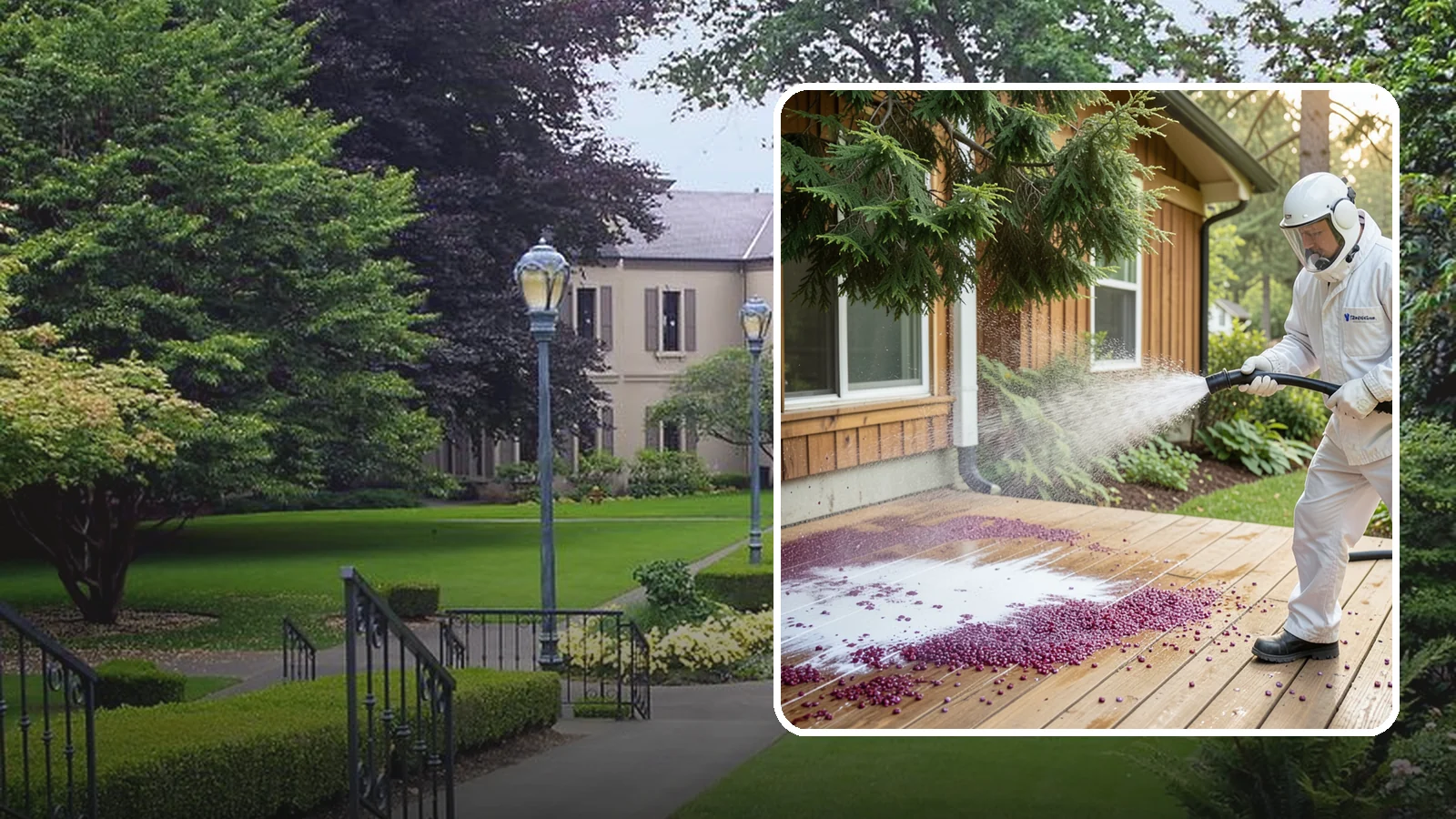Berry Stain Removal in Woodinville, King County, WA - Removal of purple and red berry stains that birds and overhanging shrubs drop onto decks, patios, and walkways.