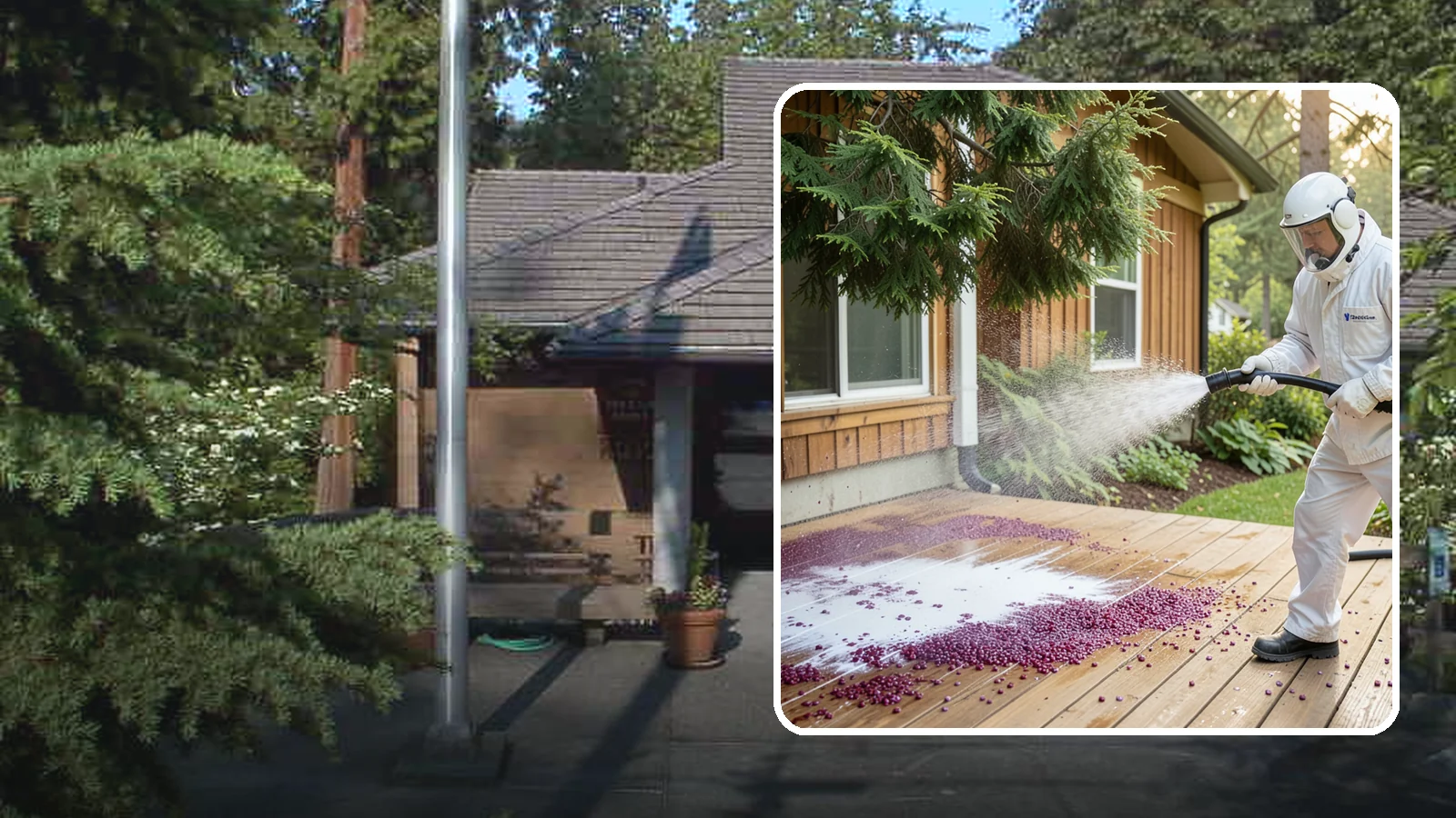 Berry Stain Removal in Yarrow Point, King County, WA - Removal of purple and red berry stains that birds and overhanging shrubs drop onto decks, patios, and walkways.
