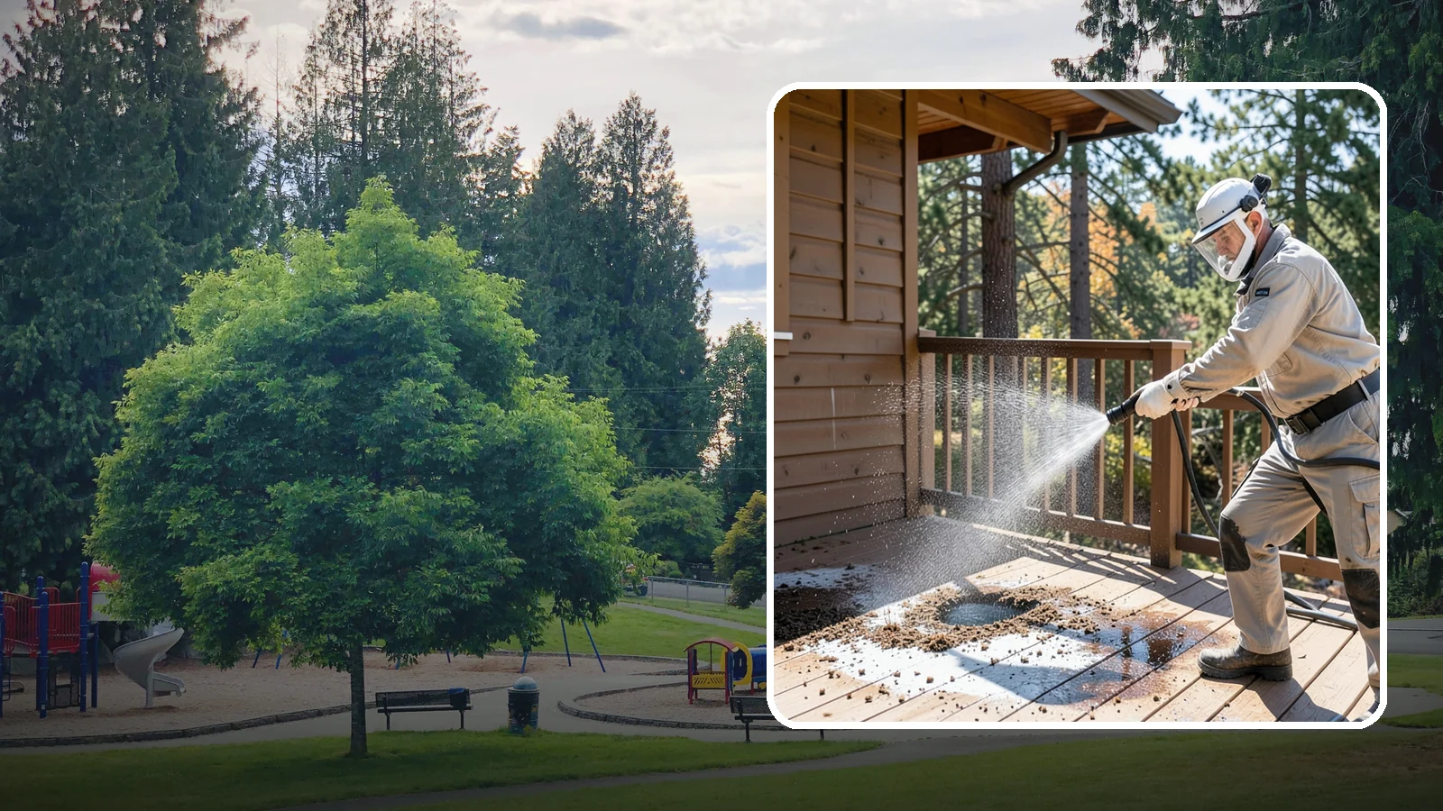Bird Dropping Removal in Bonney Lake, Pierce County, WA - Sanitizing removal of bird droppings and the staining and odor they leave on decks, railings, and structures.