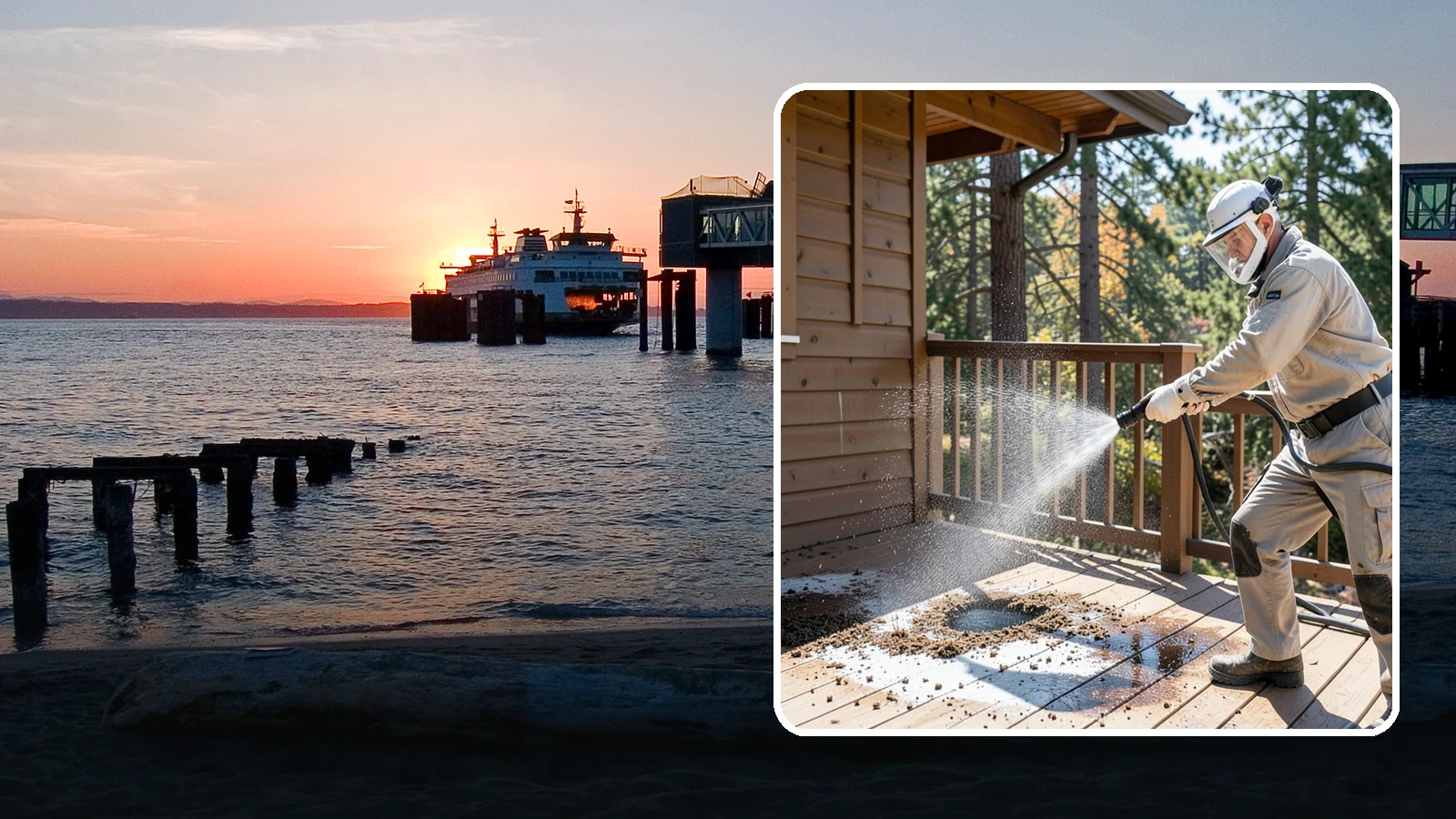 Bird Dropping Removal in Edmonds, Snohomish County, WA - Sanitizing removal of bird droppings and the staining and odor they leave on decks, railings, and structures.