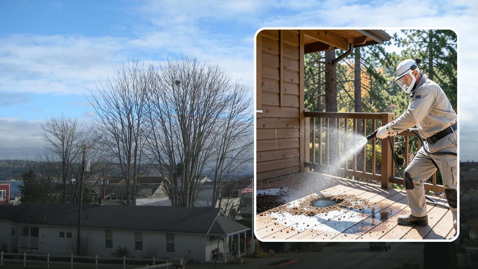 Bird Dropping Removal in Langley, Island County, WA - Sanitizing removal of bird droppings and the staining and odor they leave on decks, railings, and structures.