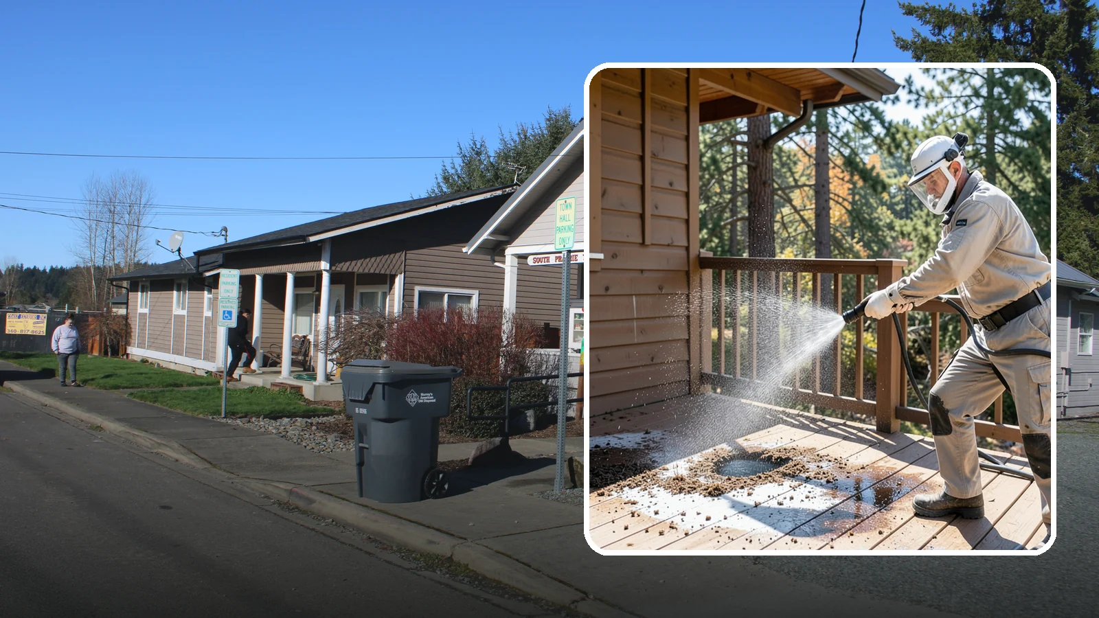 Bird Dropping Removal in South Prairie, Pierce County, WA - Sanitizing removal of bird droppings and the staining and odor they leave on decks, railings, and structures.