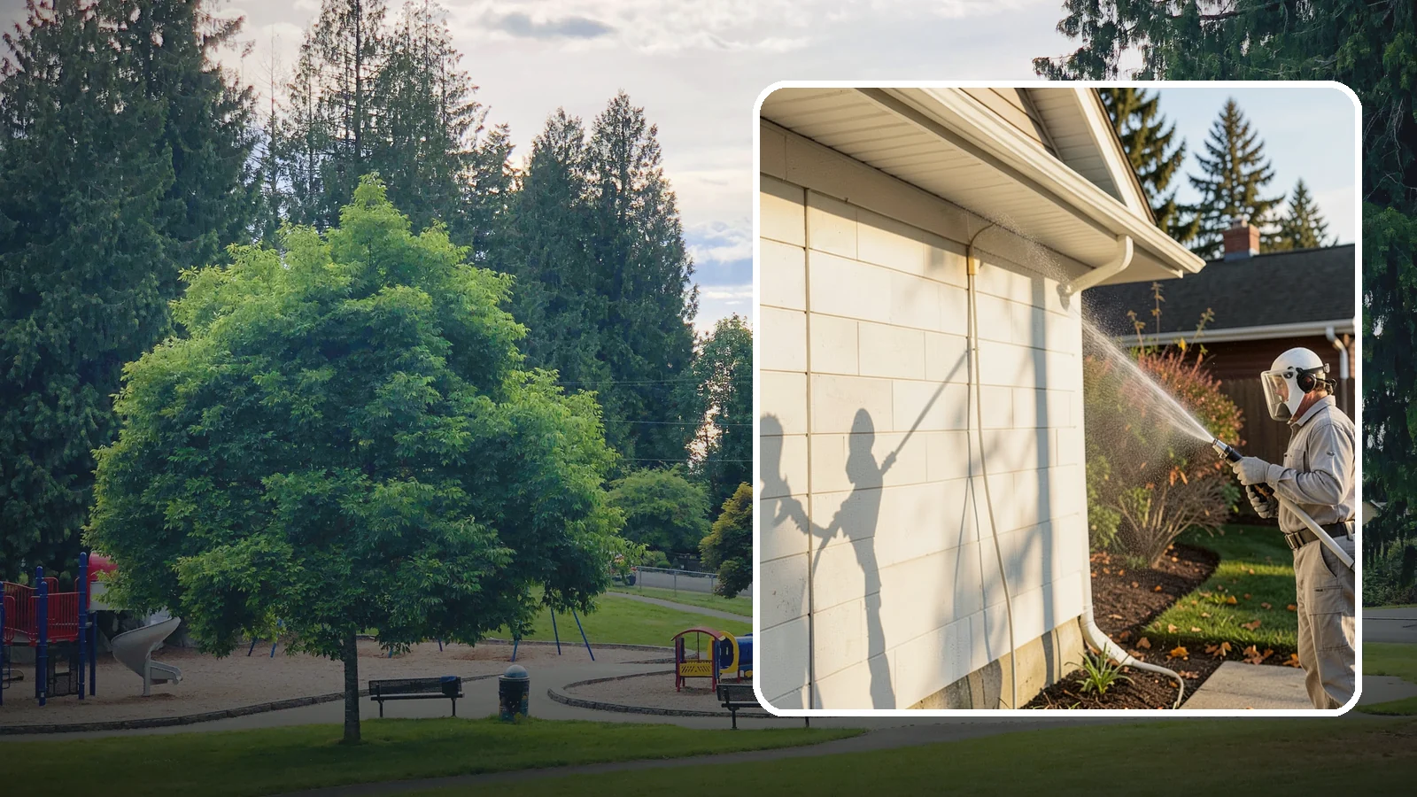 Block Wall Cleaning in Bonney Lake, Pierce County, WA - Wash CMU block walls to clear the algae and efflorescence that thrive on porous concrete masonry.