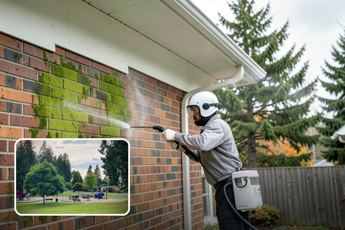 Block Wall Cleaning in Bonney Lake, Pierce County, WA - Clears algae from highly porous block faces