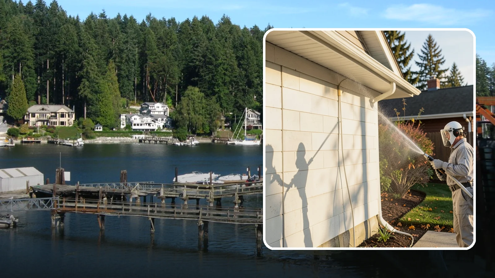 Block Wall Cleaning in Gig Harbor, Pierce County, WA - Wash CMU block walls to clear the algae and efflorescence that thrive on porous concrete masonry.