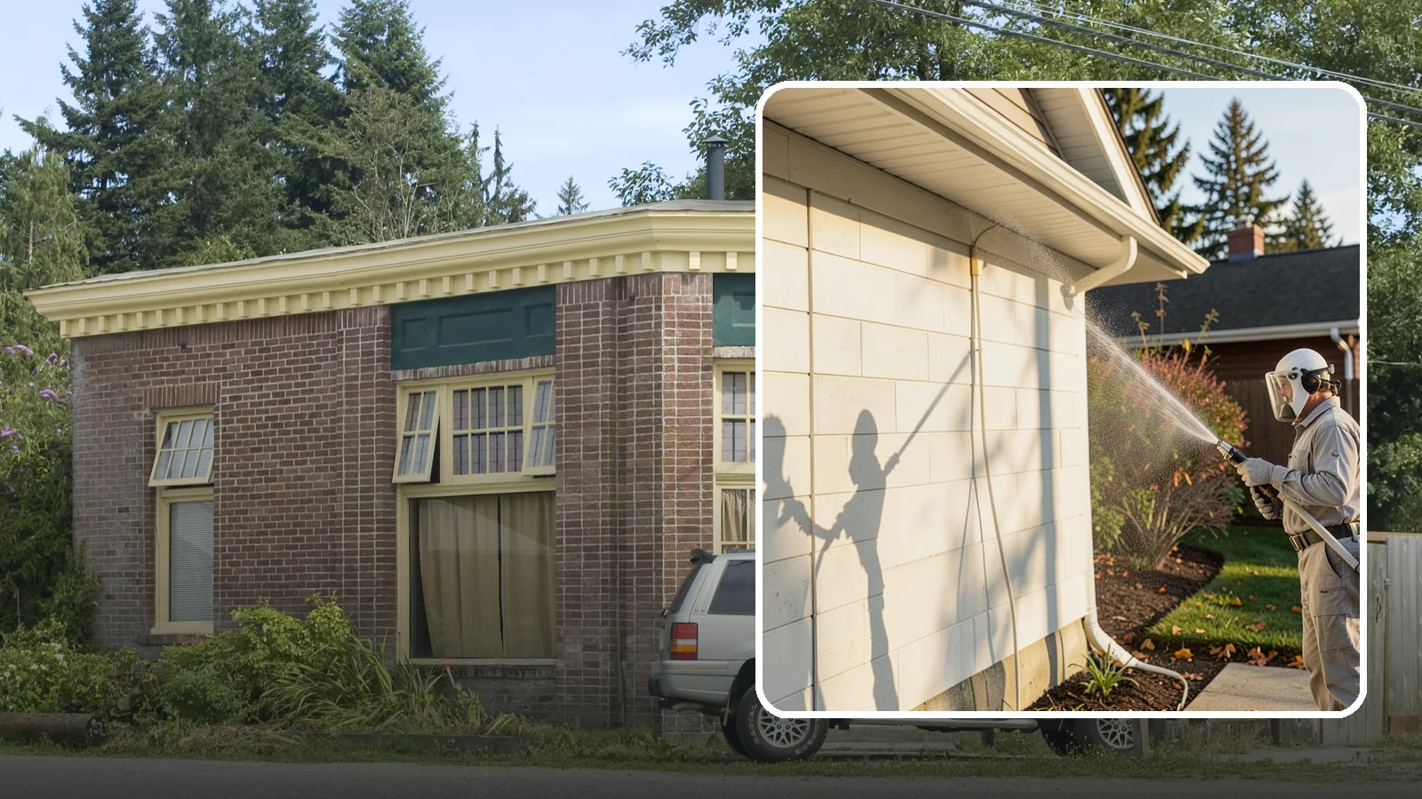 Block Wall Cleaning in Hamilton, Skagit County, WA - Wash CMU block walls to clear the algae and efflorescence that thrive on porous concrete masonry.