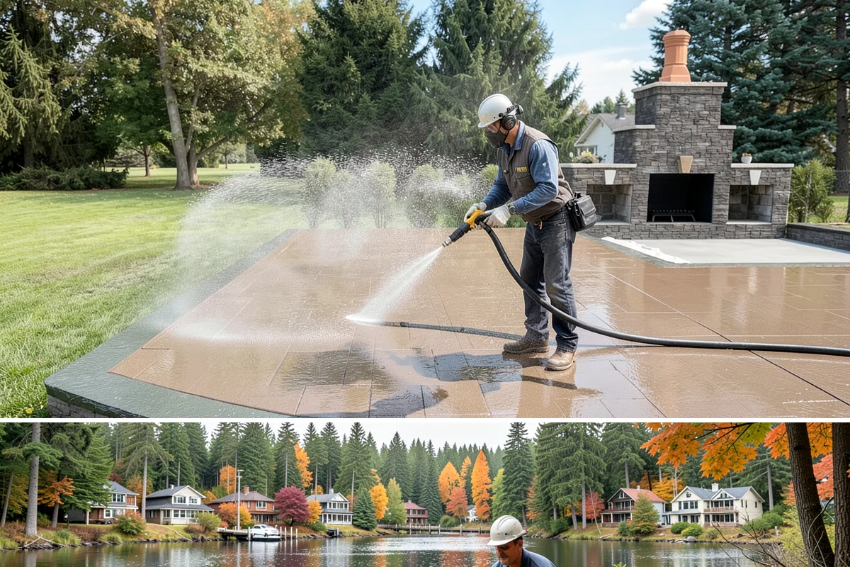 Block Wall Cleaning in La Conner, Skagit County, WA - Summer is preferable because dry block accepts treatment more evenly and efflorescence is easier to resolve when the wall is not...