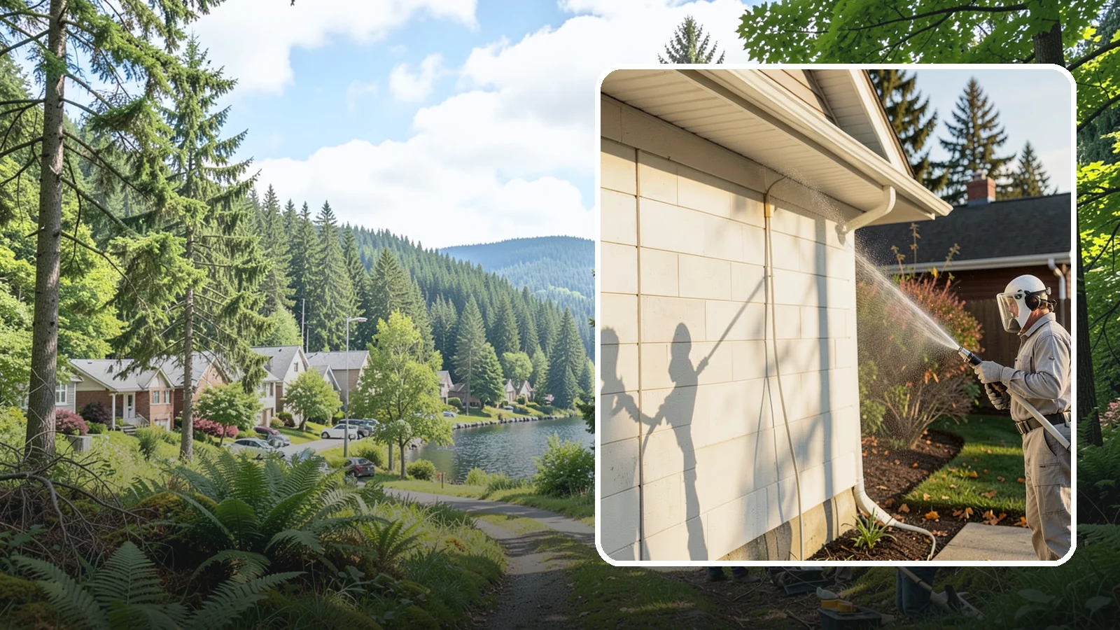 Block Wall Cleaning in Lake Forest Park, King County, WA - Wash CMU block walls to clear the algae and efflorescence that thrive on porous concrete masonry.