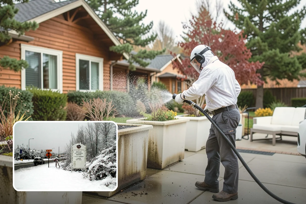 Block Wall Cleaning in Newcastle, King County, WA - Clears algae from highly porous block faces