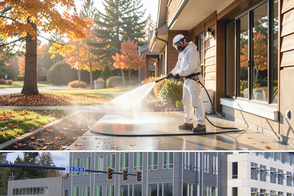 Block Wall Cleaning in Shoreline, King County, WA - Summer is preferable because dry block accepts treatment more evenly and efflorescence is easier to resolve when the wall is not...