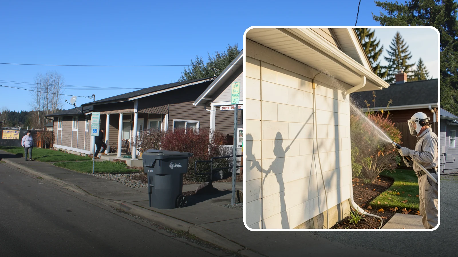 Block Wall Cleaning in South Prairie, Pierce County, WA - Wash CMU block walls to clear the algae and efflorescence that thrive on porous concrete masonry.