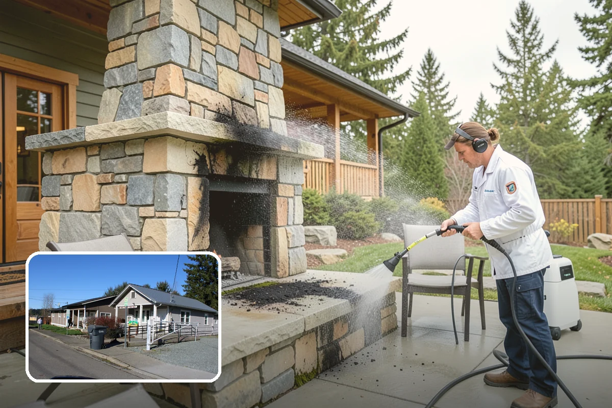 Block Wall Cleaning in South Prairie, Pierce County, WA - Clears algae from highly porous block faces