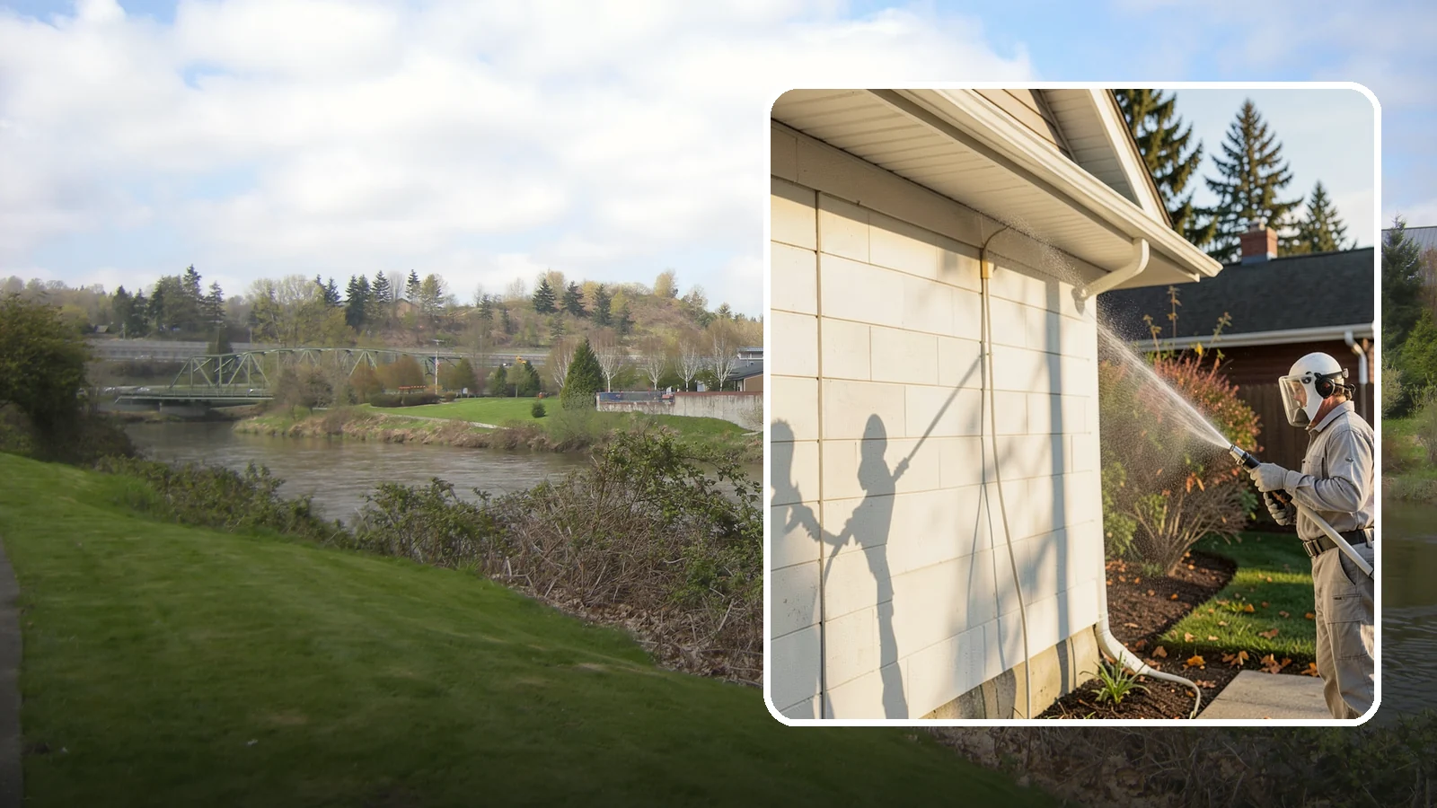 Block Wall Cleaning in Tukwila, King County, WA - Wash CMU block walls to clear the algae and efflorescence that thrive on porous concrete masonry.