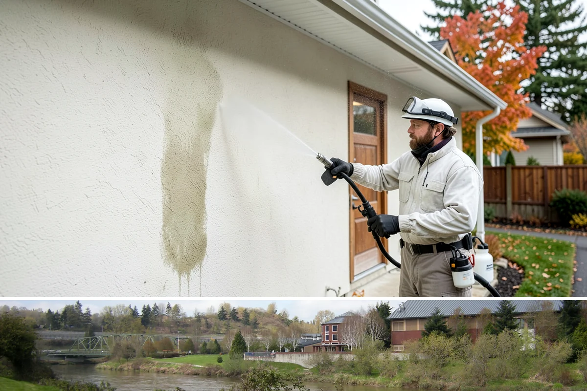 Block Wall Cleaning in Tukwila, King County, WA - Summer is preferable because dry block accepts treatment more evenly and efflorescence is easier to resolve when the wall is not...