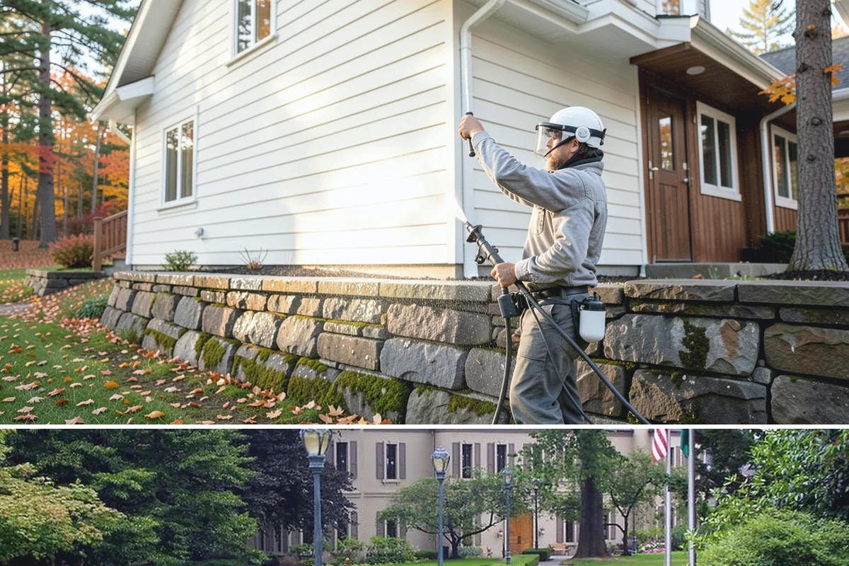Block Wall Cleaning in Woodinville, King County, WA - Summer is preferable because dry block accepts treatment more evenly and efflorescence is easier to resolve when the wall is not...