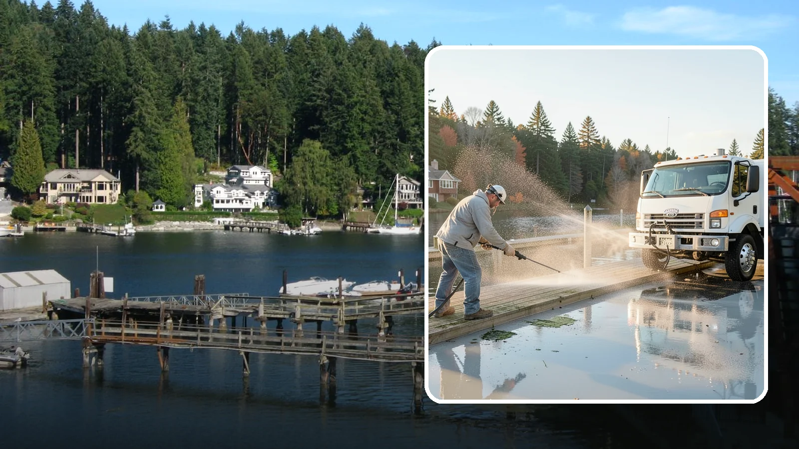 Boat Dock Cleaning in Gig Harbor, Pierce County, WA - We clean boat docks across Washington waterfronts to remove slick algae, moss, and waterline grime.