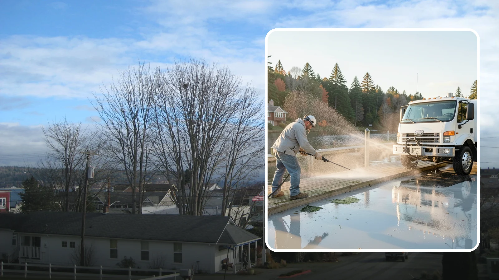 Boat Dock Cleaning in Langley, Island County, WA - We clean boat docks across Washington waterfronts to remove slick algae, moss, and waterline grime.