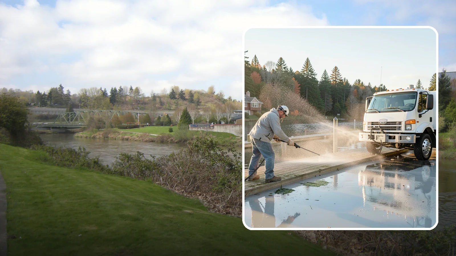 Boat Dock Cleaning in Tukwila, King County, WA - We clean boat docks across Washington waterfronts to remove slick algae, moss, and waterline grime.
